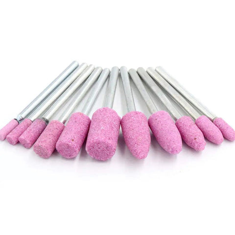 Heavy Duty Abrasive Mounted Stone Points Rotary Tool Bits For Electric Grinding And Polishing Chrome Corundum Cylinder Head Kits Compatible With Rotary Power Tools 10 Piece Set, pink cylinder shapes.