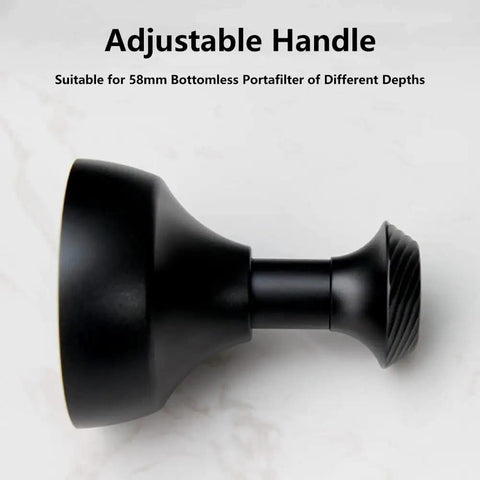 Adjustable espresso tamper handle for 58mm portafilters, designed for various depths, enhancing brew routine.