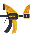 Heavy Duty Trigger Clamp With A 24 Inch Bar in yellow and black, showing smooth trigger action and wide jaw opening for woodworking.
