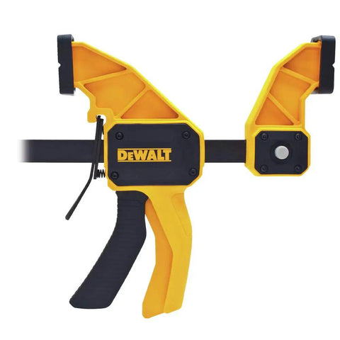 Heavy Duty Trigger Clamp With A 24 Inch Bar in yellow and black, showing smooth trigger action and wide jaw opening for woodworking.