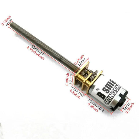 Angled side view of BRINGSMART M4 threaded-shaft DC gear motor, 55mm long with all-metal gears