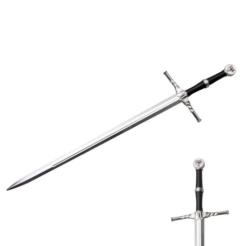 Two Piece 41 Inch Foam Witcher Style Long Sword Set for Cosplay with twin wolf design, silver tone finish, lightweight foam