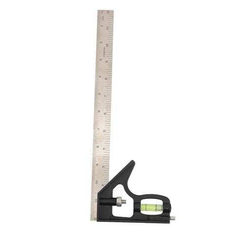 Heavy Duty 12 Inch Combination Square With 45 And 90 Degree Markings Scriber Level And Spring Loaded Bolt For Carpentry Woodworking And Metalworking Built Tough For Pros, upright view