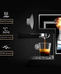 Top Shelf Semiautomatic Espresso Maker With A Mean 20 Bar Pump And Sleek Milk Frother pouring espresso into a glass, showcasing rapid heating.