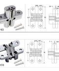 Two Pack Concealed Hidden Hinges For Cabinets And Furniture, 180 Degree Cross Hinge, Zinc Alloy With Stainless Steel, 13x45 Mm, Invisible Mount, shown with dimensions and screws