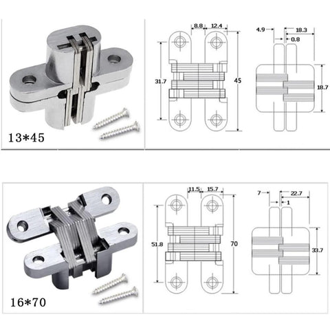Two Pack Concealed Hidden Hinges For Cabinets And Furniture, 180 Degree Cross Hinge, Zinc Alloy With Stainless Steel, 13x45 Mm, Invisible Mount, shown with dimensions and screws