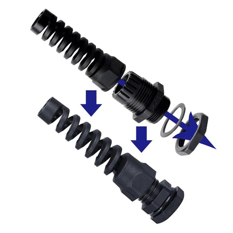 10 Pack IP68 Waterproof Nylon Cable Gland Connector Kit With Adjustable Clamping Sleeve for PG sizes, disassembled view