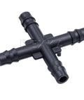 Rexka 4-way nylon vacuum tubing cross connector, front-angle view, 3/16 in ends, black plastic