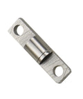 Stainless steel door hinge component with two mounting holes and central pivot shaft, close-up view.