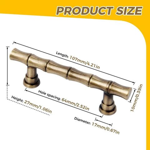 Product size dimensions of Five Pack Bamboo Shape Drawer Pulls in Antique Brass Finish, 4.21 inch zinc alloy cabinet hardware with 64mm spacing