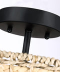 Close-up of black canopy with woven details on Rattan Semi Flush Mount Ceiling Light With Black Canopy 2 Light 12 Inch Drum Shade Fixture.