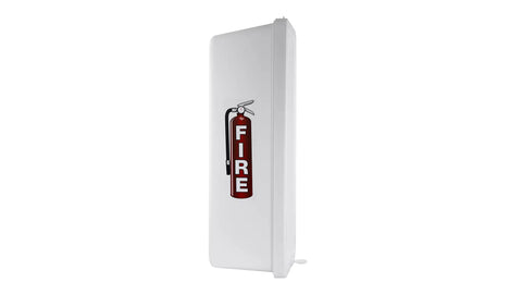 3 Pack White Surface Mount Fire Extinguisher Cabinet Weatherproof Outdoor Lock Box With Hammer Attachment For 20 Lb Extinguisher side view