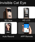 Invisible Cat Eye device showcasing 3D face recognition, HD LCD display, auto recording, and APP remote control features.