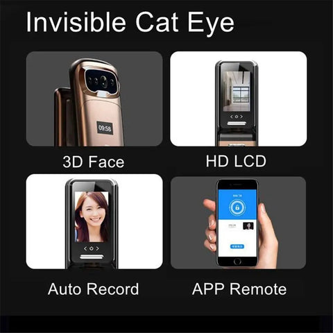 Invisible Cat Eye device showcasing 3D face recognition, HD LCD display, auto recording, and APP remote control features.