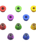 Heavy Duty M4 Aluminum Nylon Lock Nuts 25 Pack Flange Self Locking Inserts For Rc Drone Fpv Builds And 1/10 Scale RC Car Truck Buggy Crawler Wheels in various colors.