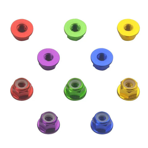 Heavy Duty M4 Aluminum Nylon Lock Nuts 25 Pack Flange Self Locking Inserts For Rc Drone Fpv Builds And 1/10 Scale RC Car Truck Buggy Crawler Wheels in various colors.