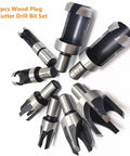 Premium 8 Piece Wood Plug Cutter Drill Bit Set Titanium Coated High Carbon Steel close-up view with various sizes