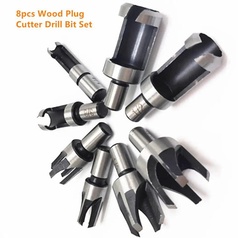 Premium 8 Piece Wood Plug Cutter Drill Bit Set Titanium Coated High Carbon Steel close-up view with various sizes