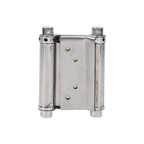 Close-up of two-way action stainless steel door hinge 3 inch with adjustable tension, rust-resistant 1.5mm thick, ideal for saloon cafe bar swing doors.