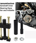 Front view of KMT Harley Big Twin transmission mainshaft bearing race installer puller kit with bolts and spacers.