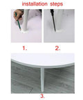 Installation steps for Heavy Duty White Steel Pipe Desk Legs For Solid Furniture Upgrades. Showing legs being attached to a table.