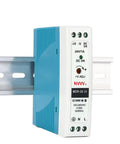 Side view of 24V 1A DIN Rail AC To DC Power Supply, 24W, Compact 1.5 Inch Module, mounted on a rail, front panel details visible