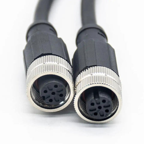 Close-up of M12 A Code 5 Pin Female to Female Cable, double ended, 1 meter length, showing connectors for industrial automation hookup
