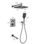 Thermostatic Shower System with dimensions, including shower head, handheld shower, and wall-mounted faucet in brushed gold.