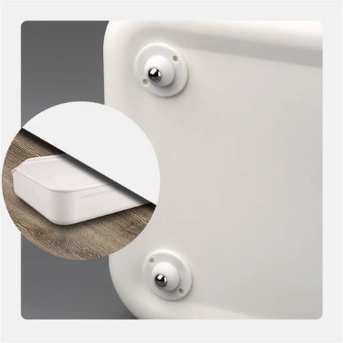 Four Pack Universal Self Adhesive Ball Casters For Heavy Storage Bins And Plastic Tubs Silent Swivel Furniture Glides on a white container