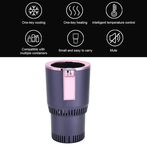 Premium Dual Action Car Beverage Warmer And Chiller Cup with digital temp gauge, compact aluminum design, touch controls.