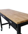 60 Inch Heavy Duty Mobile Workbench With Three Drawers Solid Rubber Wood Top Locking Casters Rolling Steel Work Table close-up view