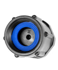 Close-up of garden hose pressure regulator with blue seal, metal body, 3/4 in FHT × 3/4 in MHT