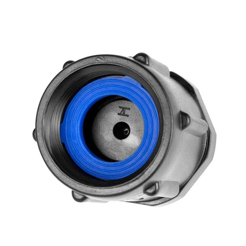 Close-up of garden hose pressure regulator with blue seal, metal body, 3/4 in FHT × 3/4 in MHT