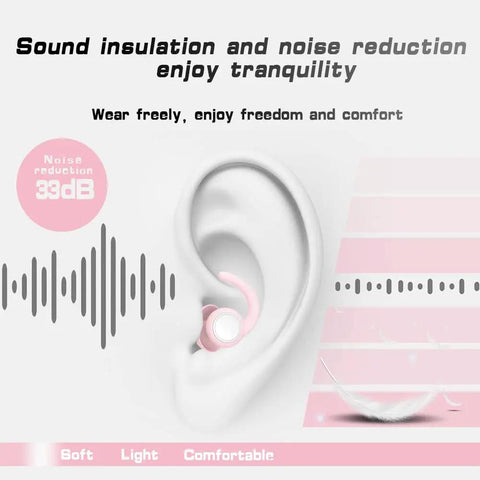 Image of an ear with Ultra Comfy Noise Canceling Ear Plugs For Sleep And Travel Reusable Silicone Ear Plugs inserted for tranquility.