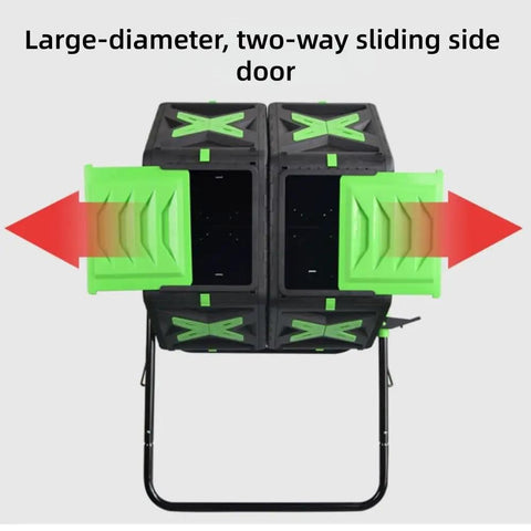 37 Gallon Dual Chamber Compost Tumbler With Sliding Doors for outdoor gardens, featuring large green sliding side doors