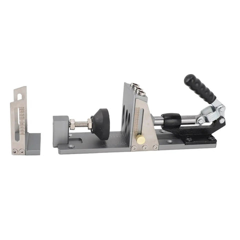 Top Tier Aluminum Alloy Pocket Hole Jig Kit With Precision Step Drill And Adjustable Depth Stop For Flawless Wood Joinery and No Fuss Weekend Diy Craftsman Work side view showing depth stop and clamping lever.
