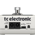 Back view of PolyTune 3 Ultra Compact Polyphonic Tuner With Chromatic And Strobe Modes And Built In Bonafide Buffer ports and labels.