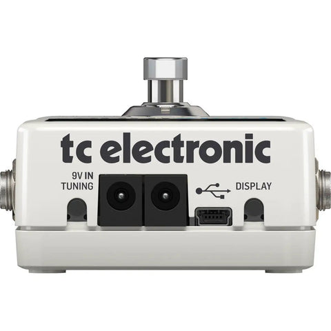 Back view of PolyTune 3 Ultra Compact Polyphonic Tuner With Chromatic And Strobe Modes And Built In Bonafide Buffer ports and labels.