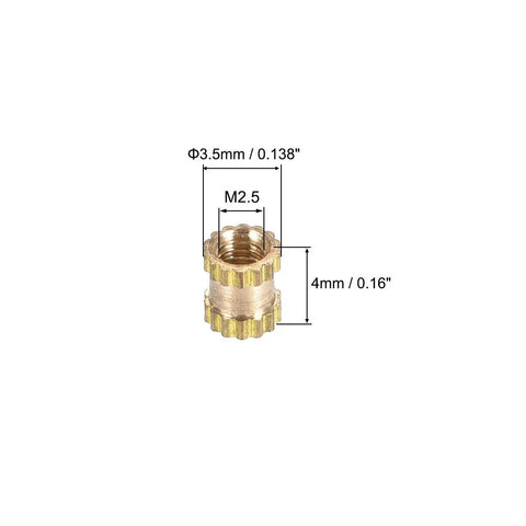 Knurled Brass Insert Nuts M2.5 X 4mm Length And 3.5mm Outer Diameter showing dimensions