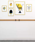 Top Shelf Pine Handrail Kit With A Round Solid Build Measuring 270 Cm, mounted on wall with artwork frames above.