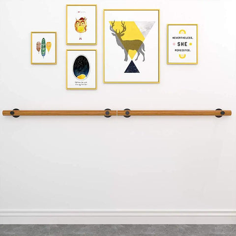 Top Shelf Pine Handrail Kit With A Round Solid Build Measuring 270 Cm, mounted on wall with artwork frames above.