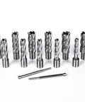 Front view of OSCARBIDE 13-piece annular cutter set with Weldon shanks for magnetic drill press; diameters 7/16 to 1-1/16 in, 2 in depth, includes 2 pilot pins.