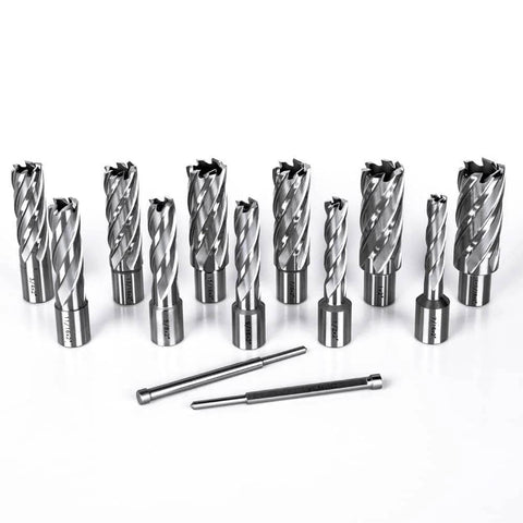 Front view of OSCARBIDE 13-piece annular cutter set with Weldon shanks for magnetic drill press; diameters 7/16 to 1-1/16 in, 2 in depth, includes 2 pilot pins.