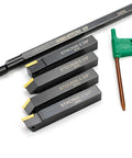 Three Eighths Inch Shank Lathe Turning Tool Set With 5 Indexable Inserts and Holders, including TCMT21.51, S STFCR boring bar and wrenches.