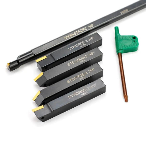 Three Eighths Inch Shank Lathe Turning Tool Set With 5 Indexable Inserts and Holders, including TCMT21.51, S STFCR boring bar and wrenches.