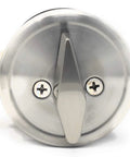 Mul-T-Lock Cronus deadbolt with thumb turn; stainless steel round faceplate with two screws (front view)