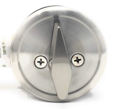 Mul-T-Lock Cronus deadbolt with thumb turn; stainless steel round faceplate with two screws (front view)