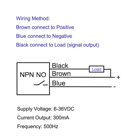 Wiring diagram for Inductive Proximity Sensor M12 4mm 3 Wire NPN Normally Open DC 6V To 36V Industrial Grade Switch connections