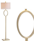 61 Inch Brass Gold Metal LED Floor Lamp with Hoop Design for Living Room, Modern Standing Lamp, White Linen Drum Shade