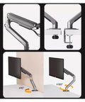 Fully Adjustable Single Monitor Mount For Desk Featuring Mechanical Spring Arm With Super Smooth Tilt and Rock Solid Bracket Design Supporting 17 To 32 Inch Screens Up To Twenty Pounds Easy Install showing adjustable angles.